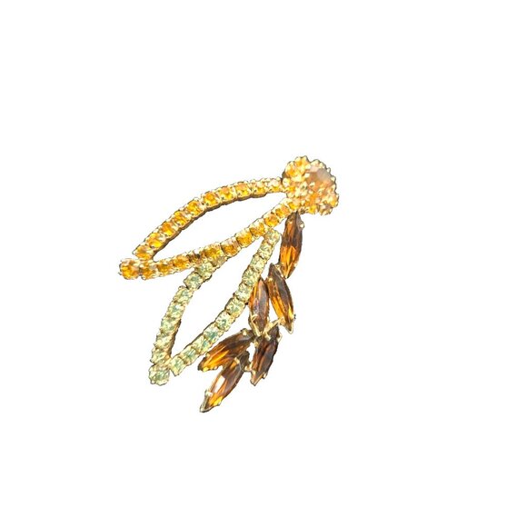 Vintage Brooch 2.5" and Clip Earrings 1940s Golden Citron and Brown Rhinestones - Picture 2 of 7